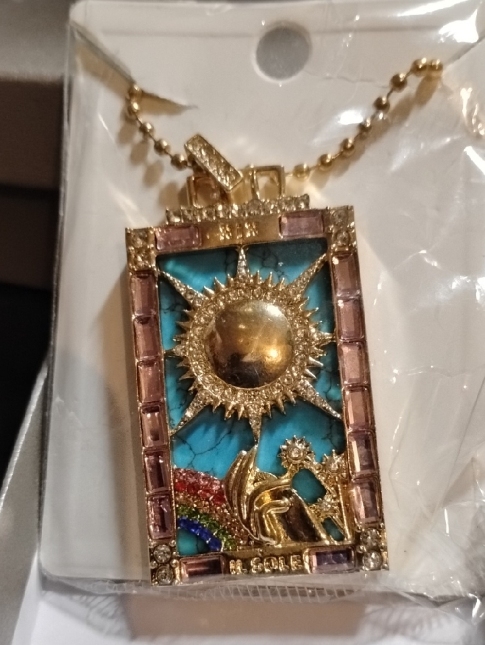 Gold-Tone Sunburst Blue Howlite Tarot Pendant Necklace 18" Fashion Jewelry